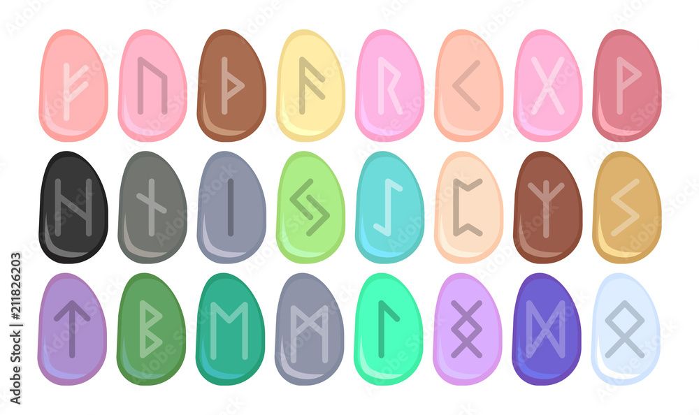 Runes. Runic alphabet. Old Norse, Icelandic, German and Anglo-Saxon. Vector symbols. Sign, icon. Multicolored stones