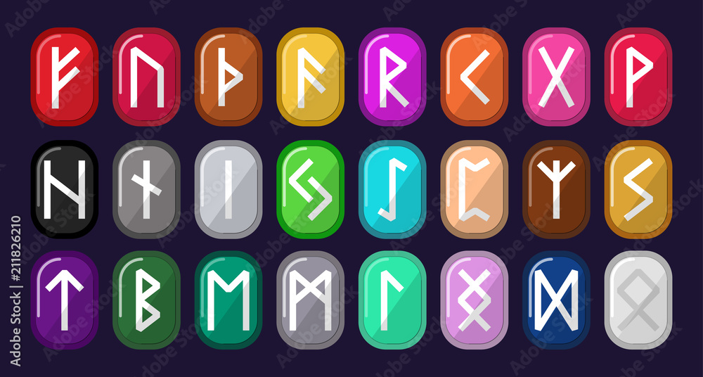 Runic Color Runes. Multicolored stones with runic alphabet. Old Norse, Icelandic ...