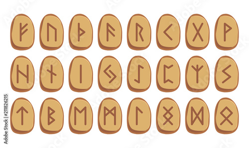 Old Norse Scandinavian runes set. Runic alphabet, futhark.  Stones. Icelandic, German and Anglo-Saxon vector symbols. Sign, icon. Fehu, Raidu, Wunju, Hagalaz, Naudiz, Berkana, Ehwaz, Mannaz, Laguz