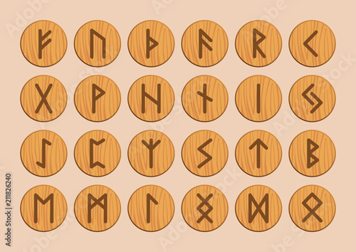 Runes. Vector runic alphabet. Old Norse, Scandinavian, Icelandic, German and Anglo-Saxon round symbols. Sign, icon. Wood engraving. Beige color