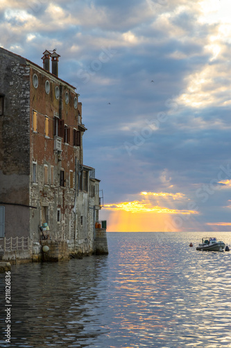 Cityscape of Rovinj town at sunset