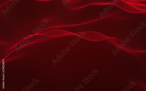 Abstract landscape on a red background. Cyberspace grid. Hi-tech network. 3D illustration