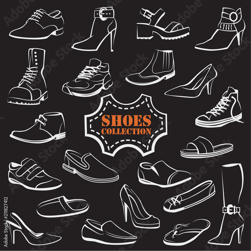 collection of various men's and women's shoes on black background