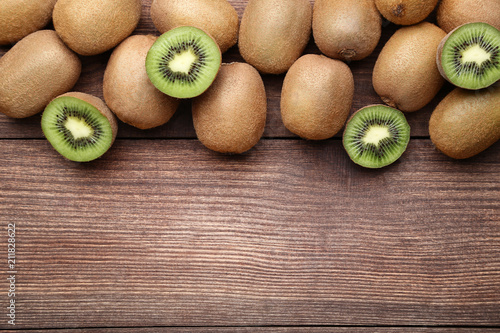 Kiwi fruits on brown wooden table