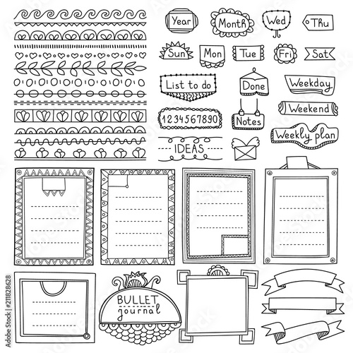 Set of cute hand drawn bullet journal’s elements isolated on white background for your design.