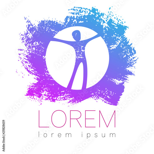 Modern vector Human silhouette in circle logotype isolated on brush blue pink color background. Man happy inside. Health symbol. Concept design for web, clinic, school, education. Creative