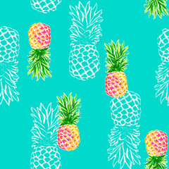 Keuken achterwand Ananas patronen Ananasprint op blauwe achtergrond  © Ani Bunny