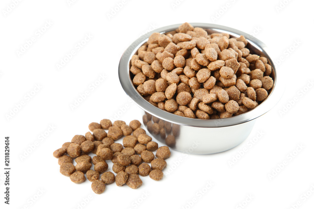 Dry cat food in bowl isolated on white background Dry cat food in bowl isolated on white background