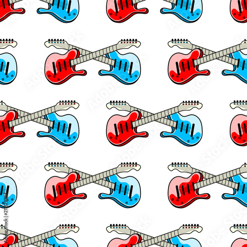 Red and blue guitars seamless pattern. 