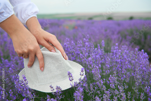 Fototapeta Naklejka Na Ścianę i Meble -  woman hands with a hat is on the lavender flower bush, beautiful summer landscape with lavender flowers in the field