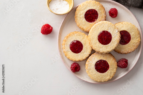 Cookies with jam on white background. Top view.