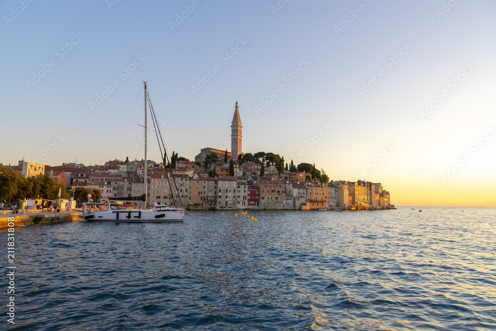 Cityscape of Rovinj town at sunset