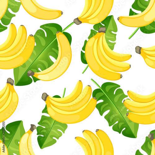 Seamless tropical pattern of Yellow Bananas isolated on white background.