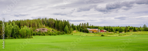 Rural Finland. Wooden cottage on the background of a beautiful green field and forest, beautiful summer landscape.