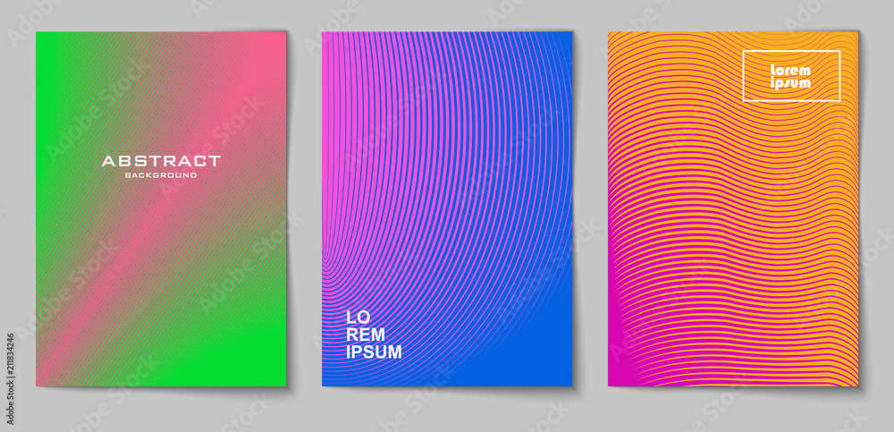 Set of vertical abstract backgrounds with halftone pattern in neon colors. Collection of gradient textures with geometric ornament. Design template of flyer, banner, cover, poster in A4 size