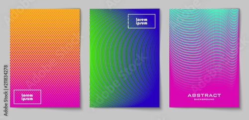 Set of vertical abstract backgrounds with halftone pattern in neon colors. Collection of gradient textures with geometric ornament. Design template of flyer, banner, cover, poster in A4 size