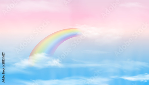 Abstract sky with color clouds. Sun and clouds background with a soft pastel color. Fantasy magical landscape background with colorful cloudy sunny sky  realistic bright rainbow  fluffy cloud. vector
