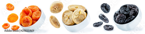 Trio of dried fruits isolated photo