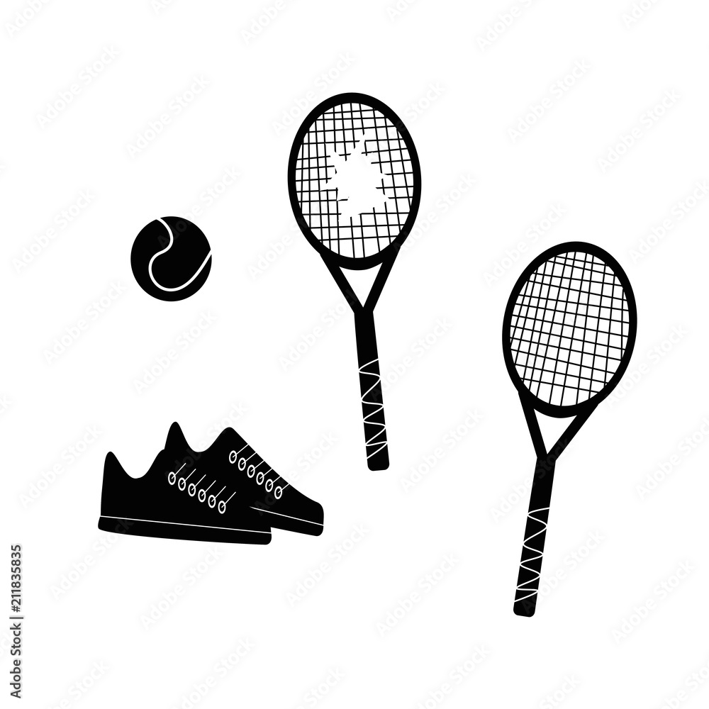 Tennis racket, ball and shoes black silhouette Stock Vector Adobe Stock