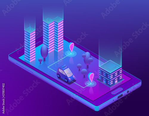 Vector 3d isometric concept with smart taxi for smartphone, app for device. Wireless navigation for driving car, travel in city, urban. Smartcar with radar in ultra violet colors