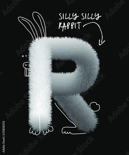 Uppercase fluffy and furry R animal rabbit letter with line illustrations, font made of fur texture for poster printing, branding, advertising and graffiti mural art