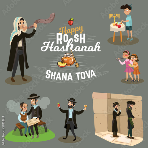 Man blowing Shofar horn for the Jewish New Year, father and son reading the Haggadah on Rosh Hashanah holiday, Jew prays at the Wailing Wall. judaism religion vector illustration isolated on white