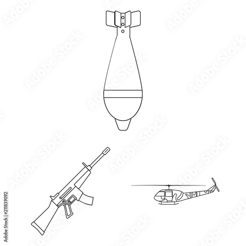 Army and armament outline icons in set collection for design. Weapons and equipment vector symbol stock web illustration.