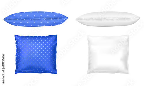 Vector 3d realistic comfortable square pillows - white and blue dotted. Template, mock up of white fluffy cushion in front and side view. Relaxation, sleep concept.