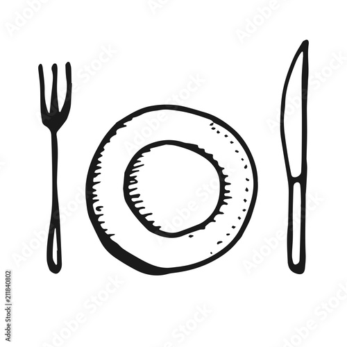 cutlery fork and knife with a plate simple sketch vector isolated