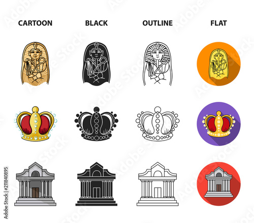Picture, sarcophagus of the pharaoh, walkie-talkie, crown. Museum set collection icons in cartoon,black,outline,flat style vector symbol stock illustration web.