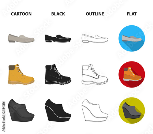 Flip-flops, clogs on a high platform and heel, green sneakers with laces, female gray ballet flats, red shoes on the tractor sole. Shoes set collection icons in cartoon,black,outline,flat style vector