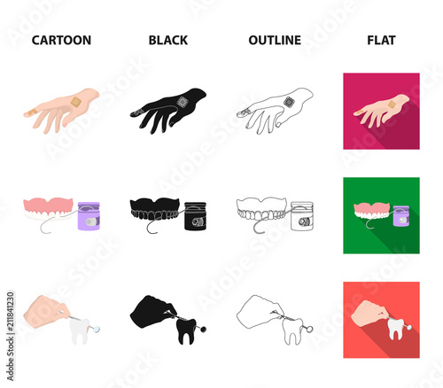 Anesthetic injection, dental instrument, hand manipulation, tooth cleaning and other web icon in cartoon,black,outline,flat style.bactericidal plaster, medicine icons in set collection.