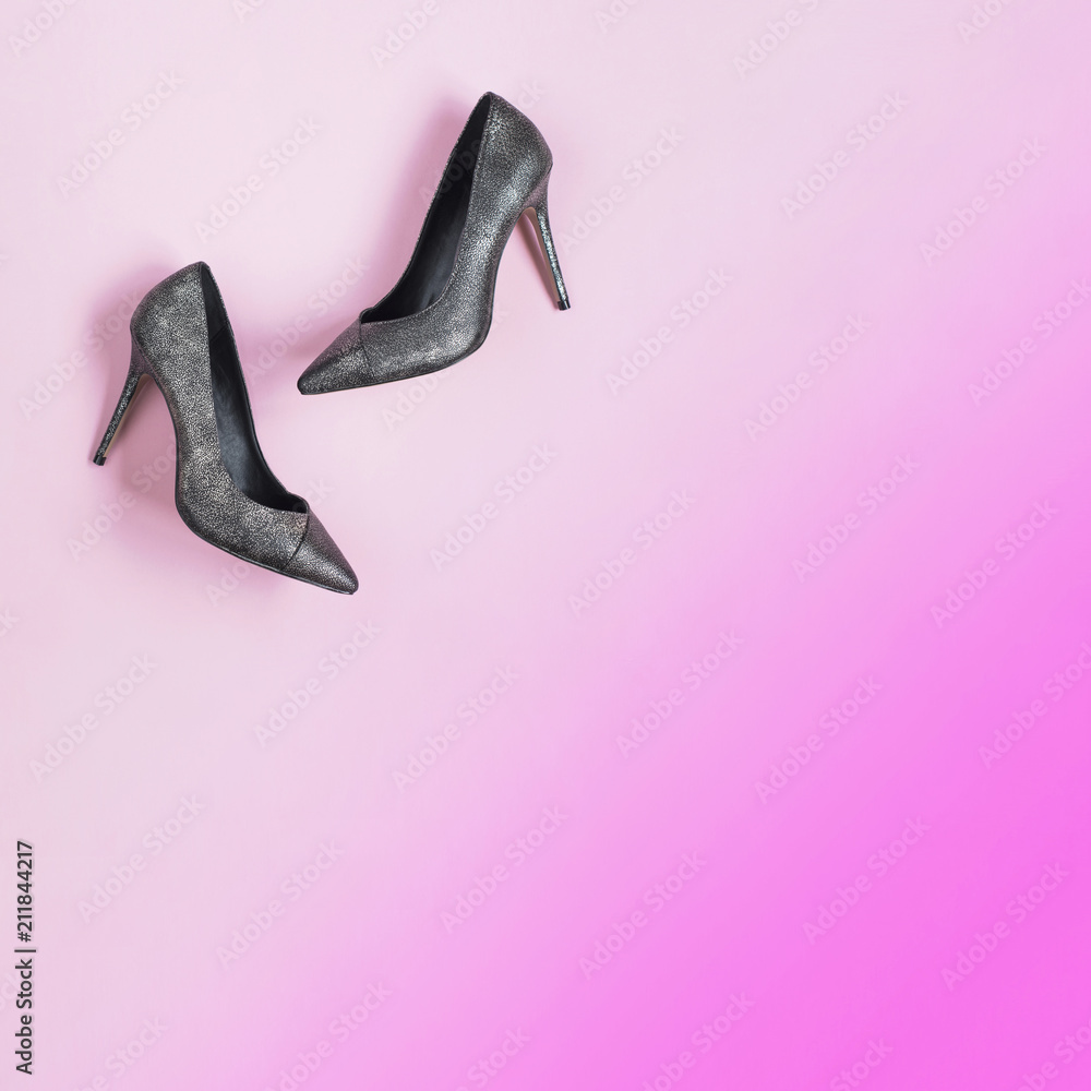 Stylish fashion black shoes high heels on pink background. Flat lay, top  view trendy background. Fashion blog look. Add your text. Stock Photo |  Adobe Stock