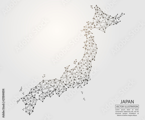 A map of Japan consisting of 3D triangles, lines, points, and connections. Vector illustration of the EPS 10.