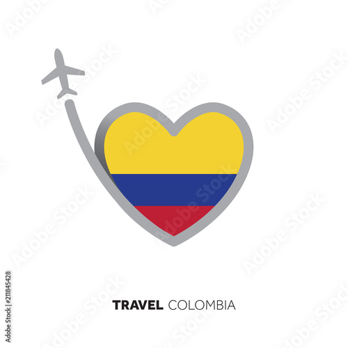 Colombia travel concept. Heart shape flag with airplane