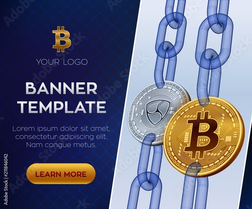 Crypto currency editable banner template. Bitcoin. Nem. 3D isometric Physical bit coins. Golden Bitcoin and silver Nem coins with wireframe chain. Block chain concept. Vector illustration.