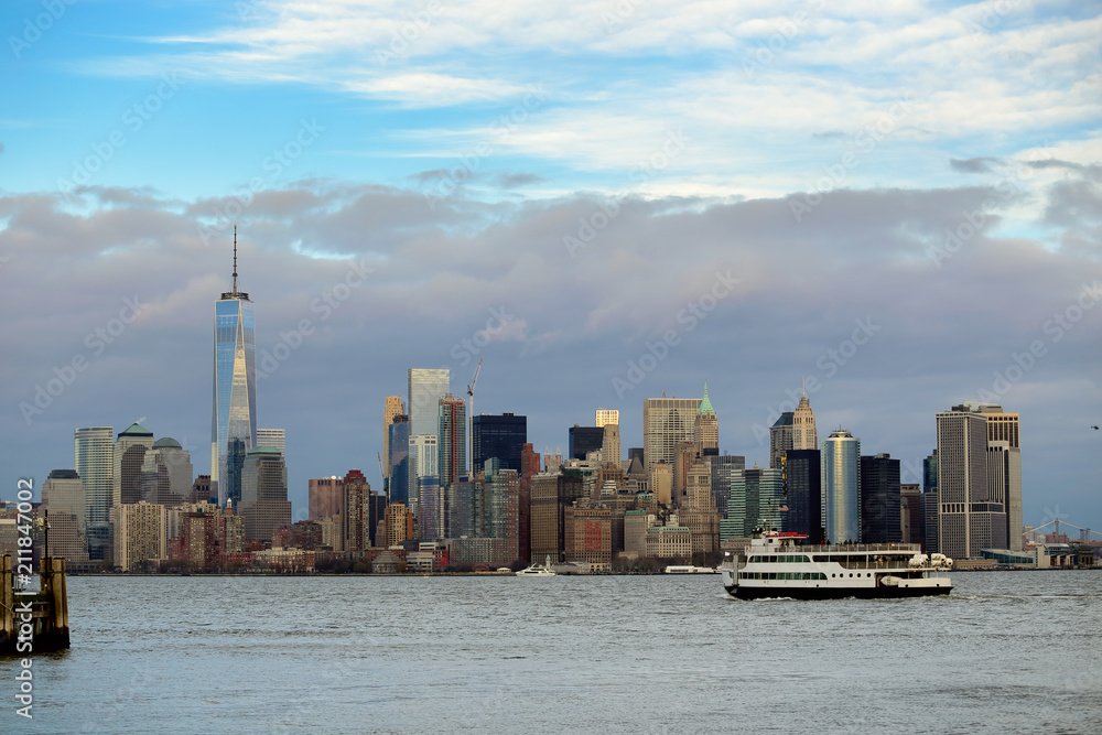 The downtown Manhattan skyline at New York City, late in the afternoon.