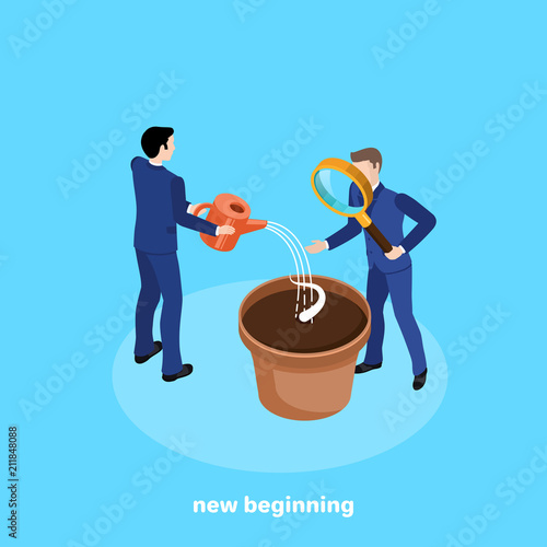 men in business suits water the seedling and watch his growth, isometric image