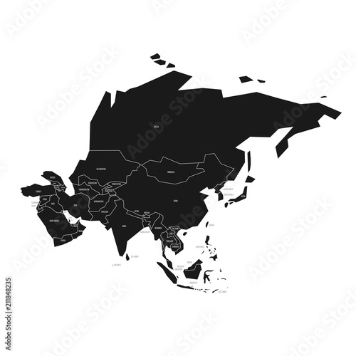 Simplified schematic map of Asia. Vector political map in high contrast of black and white.