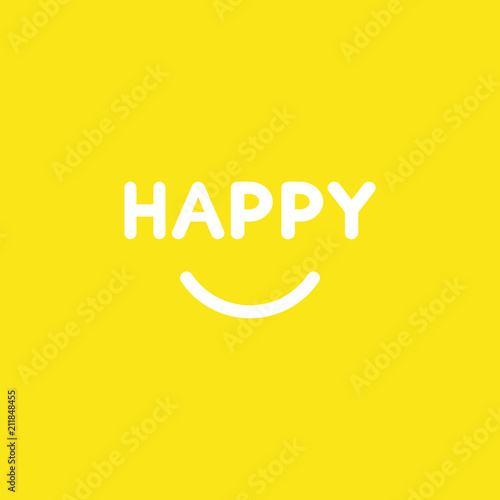 Vector icon concept of happy word with smiling mouth on yellow background