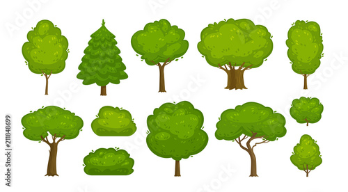Trees and bushes set of icons. Forest, nature, environment concept. Cartoon vector illustration