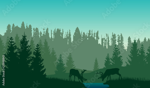 Vector landscape of two deer in a green forest with blue background.