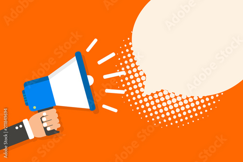 Flat design business illustration concept Digital marketing business megaphone for website and promotion banners. Cartoon human hand holding empty social media copy space text. photo