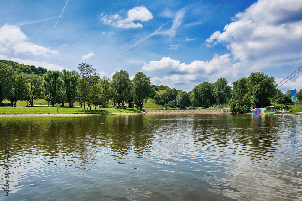 Naklejka premium Munich, Germany - June 09, 2018: The Olympiapark and lake in Munich, Germany