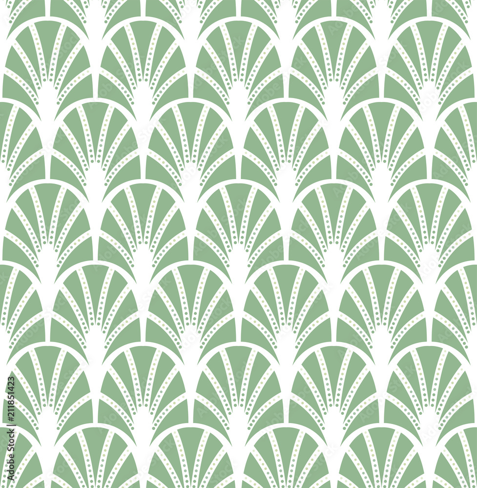 Abstract Green Art Deco Seamless Background. Geometric Fish Scale Pattern.
