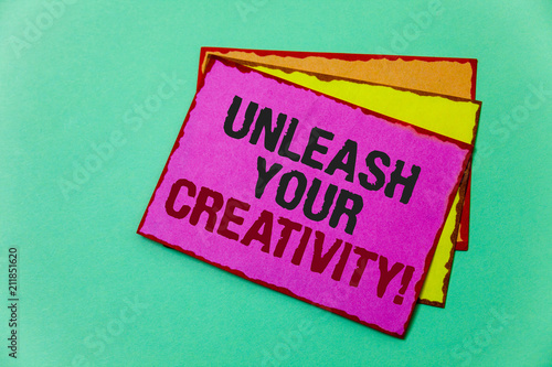 Writing note showing  Unleash Your Creativity Call. Business photo showcasing Develop Personal Intelligence Wittiness Wisdom Ideas message communicate feelings thought reflection green background. photo