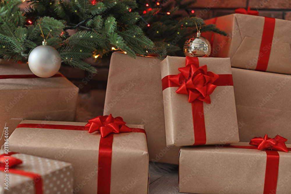 Beautiful Christmas tree and gift boxes, closeup