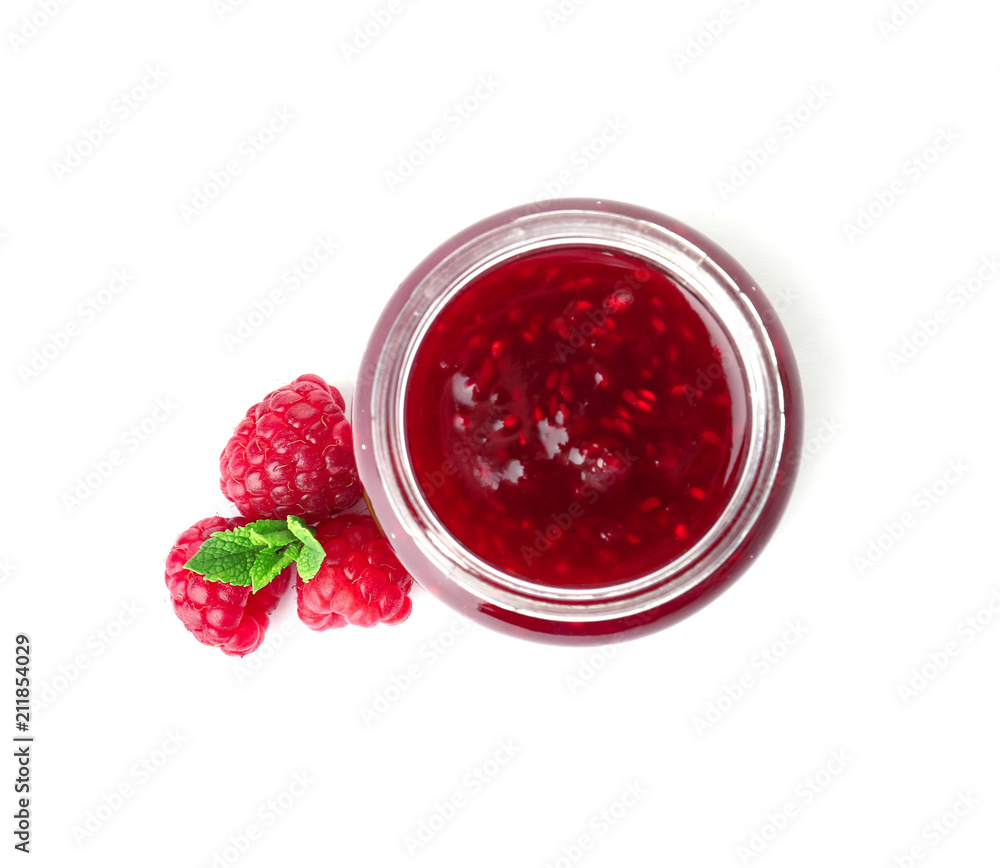 Jar with delicious raspberry jam on white background Jar with delicious raspberry jam on white background