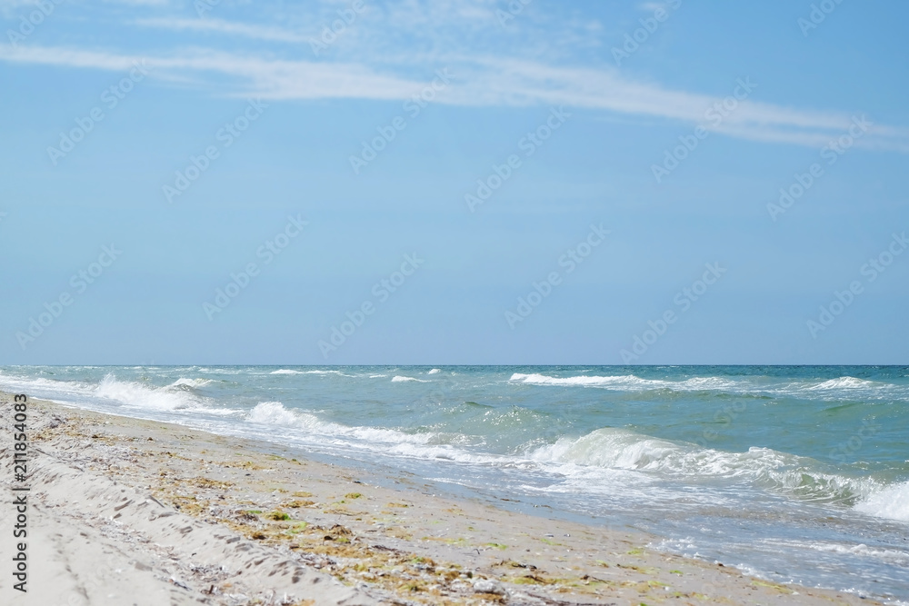 Beautiful view of sandy beach on sunny summer day Beautiful view of sandy beach on sunny summer day