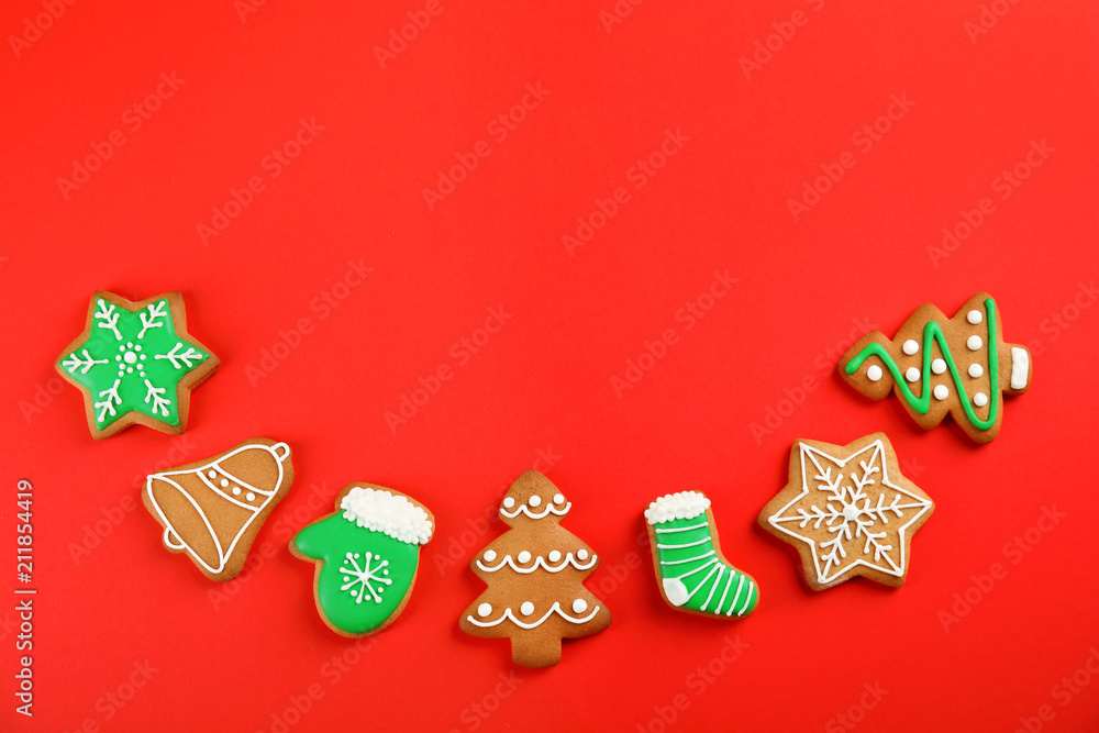 Tasty homemade Christmas cookies on color background, top view Tasty homemade Christmas cookies on color background, top view